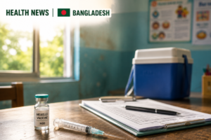 Measles vaccination clinic in Bangladesh with vaccine vial and syringe.