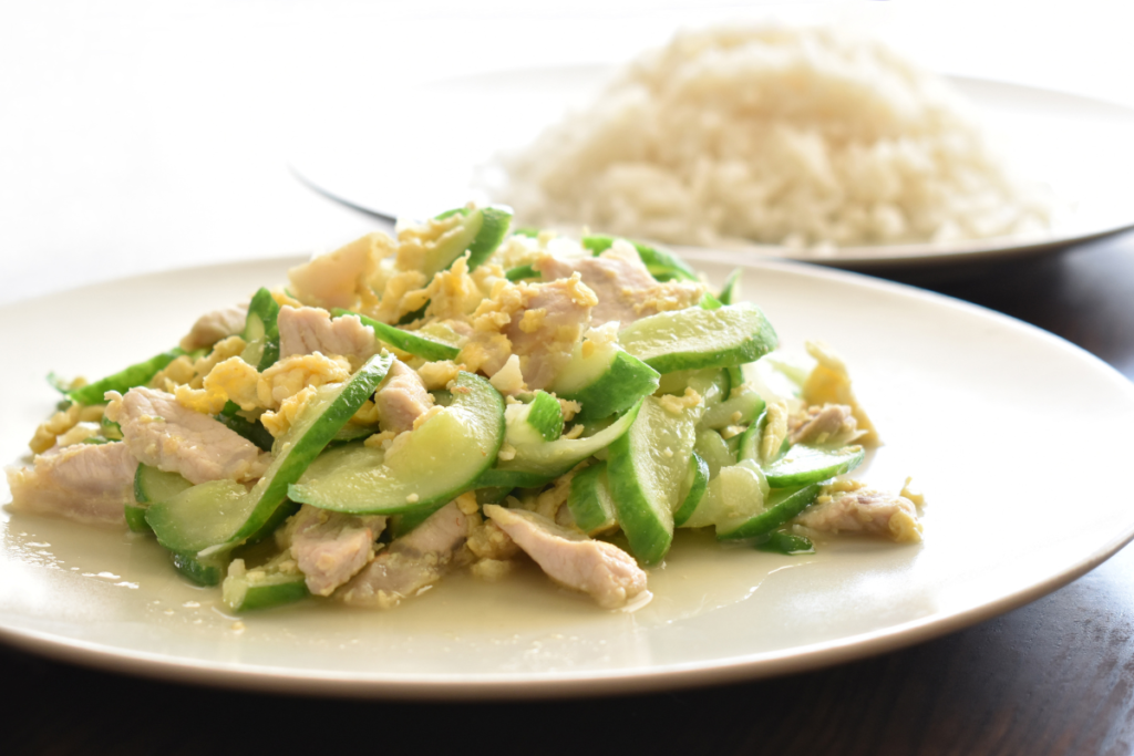 Bitter melon chicken with egg served as a healthy breakfast dish
