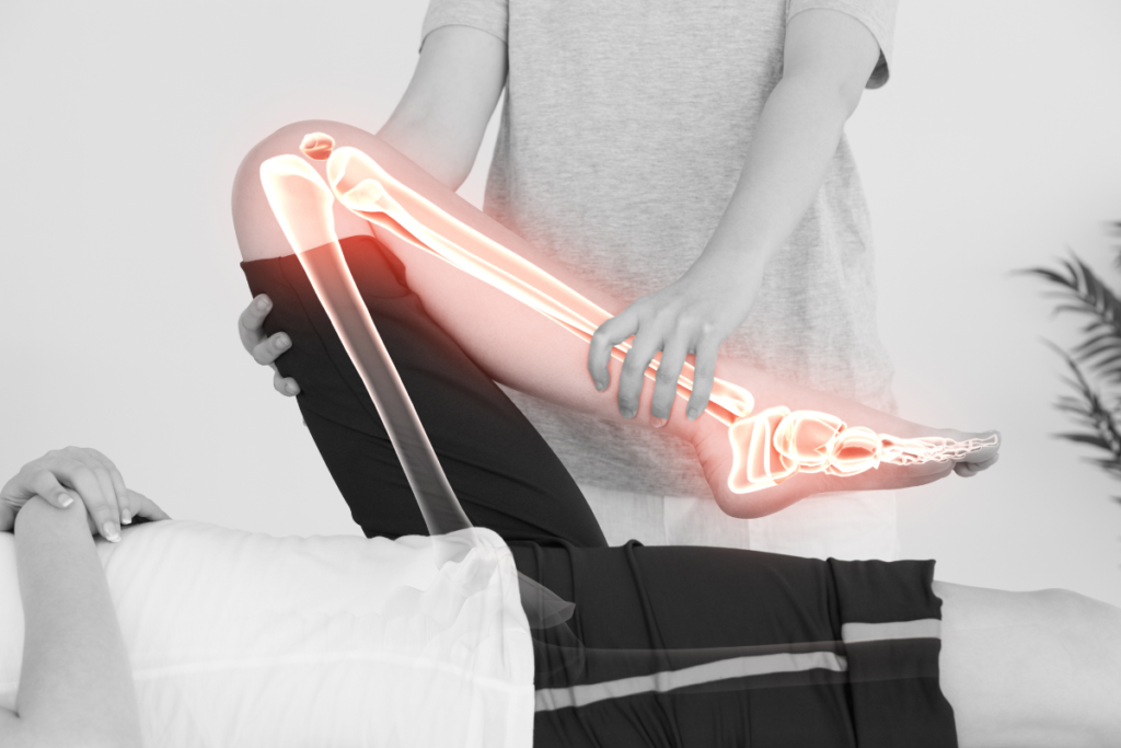 Illustration of leg bones during a mobility exercise representing bone health after age 40