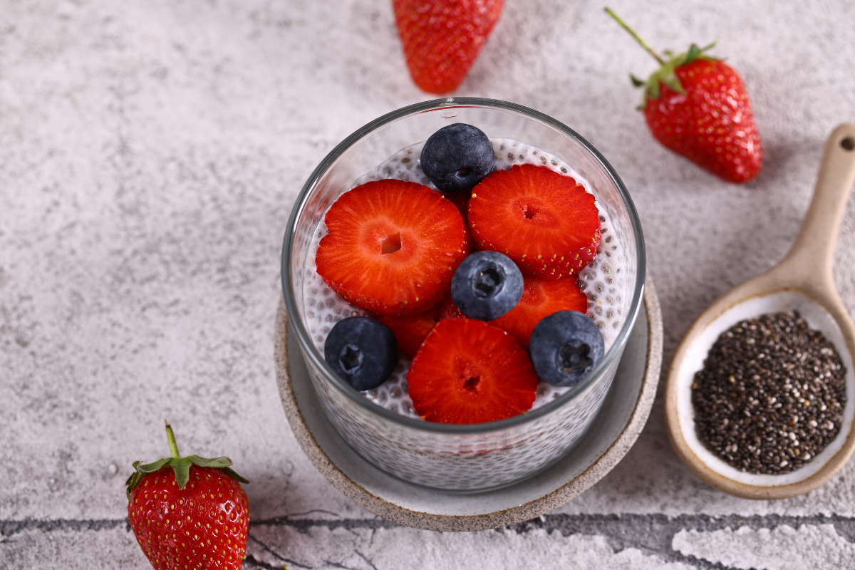Chia Pudding with Berries topped with strawberries and blueberries