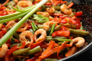 Garlic Prawn Vegetable Stir-Fry with colourful vegetables