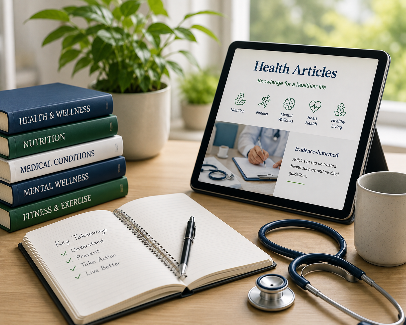Health learning with books, notebook and digital tablet