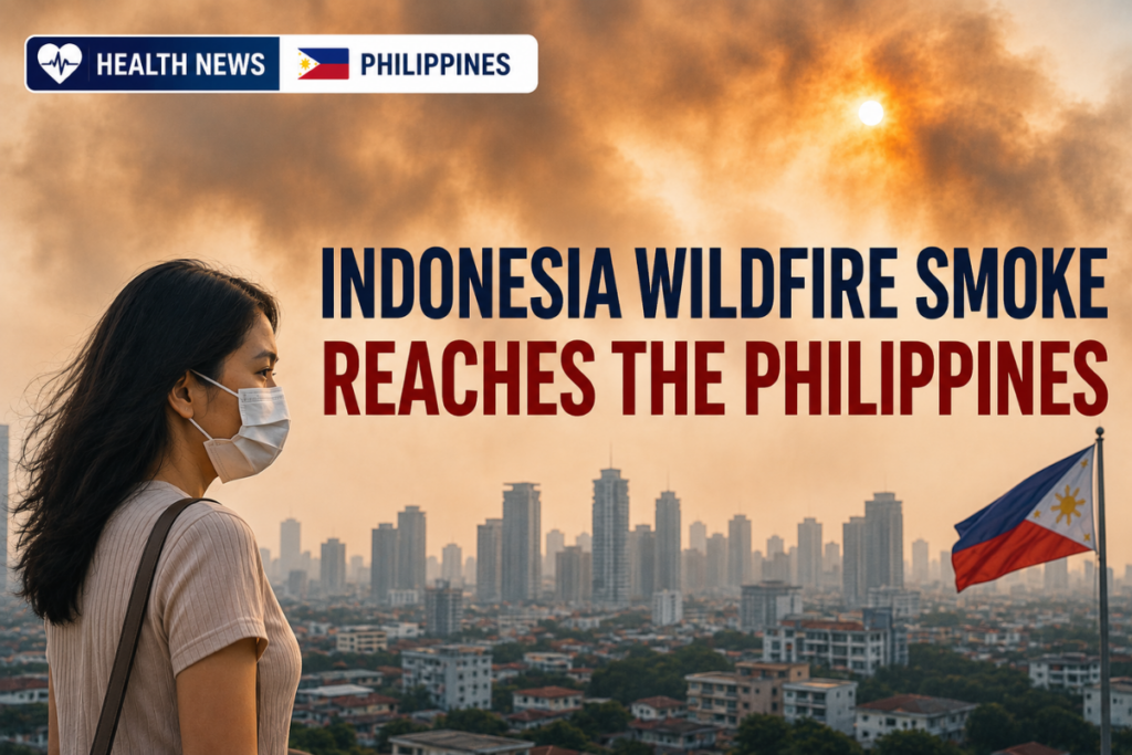 Philippines health news illustration showing wildfire smoke from Indonesia affecting air quality in the Philippines.