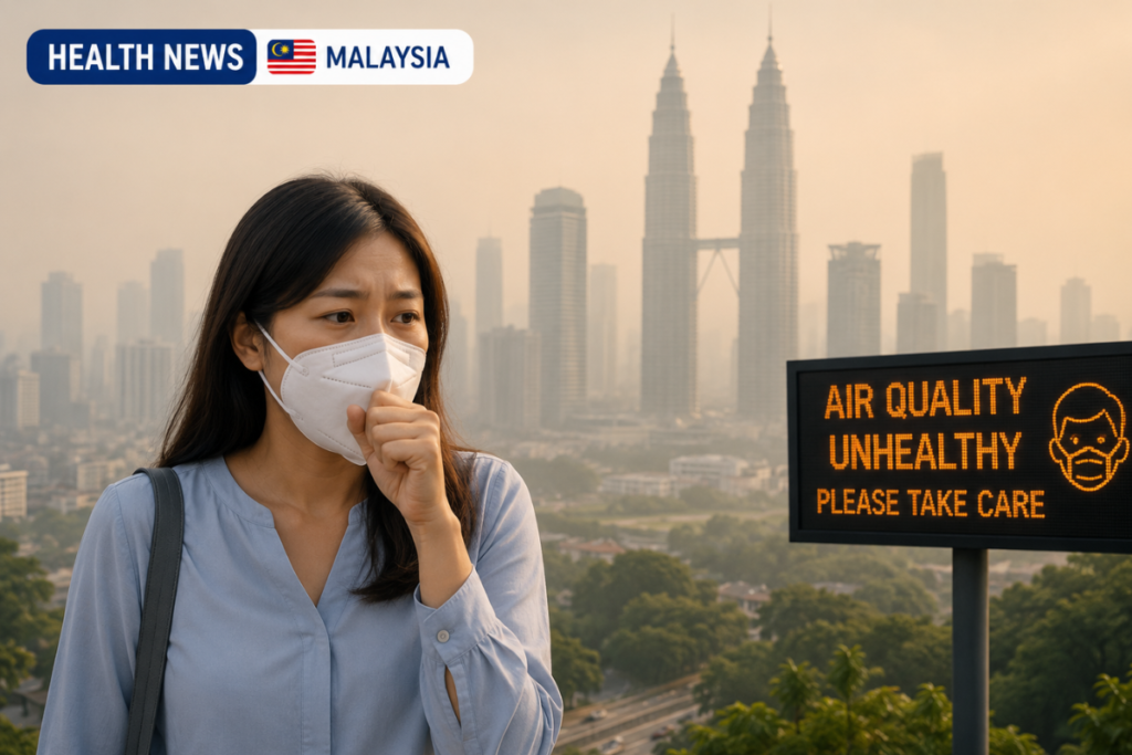 Hazy Kuala Lumpur skyline with Malaysian flag, face mask and air quality monitor showing unhealthy air conditions.