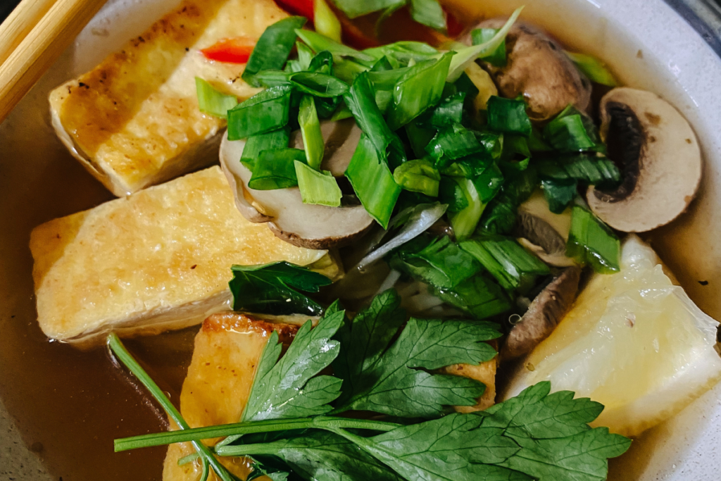 Miso tofu vegetable soup with tofu and fresh vegetables