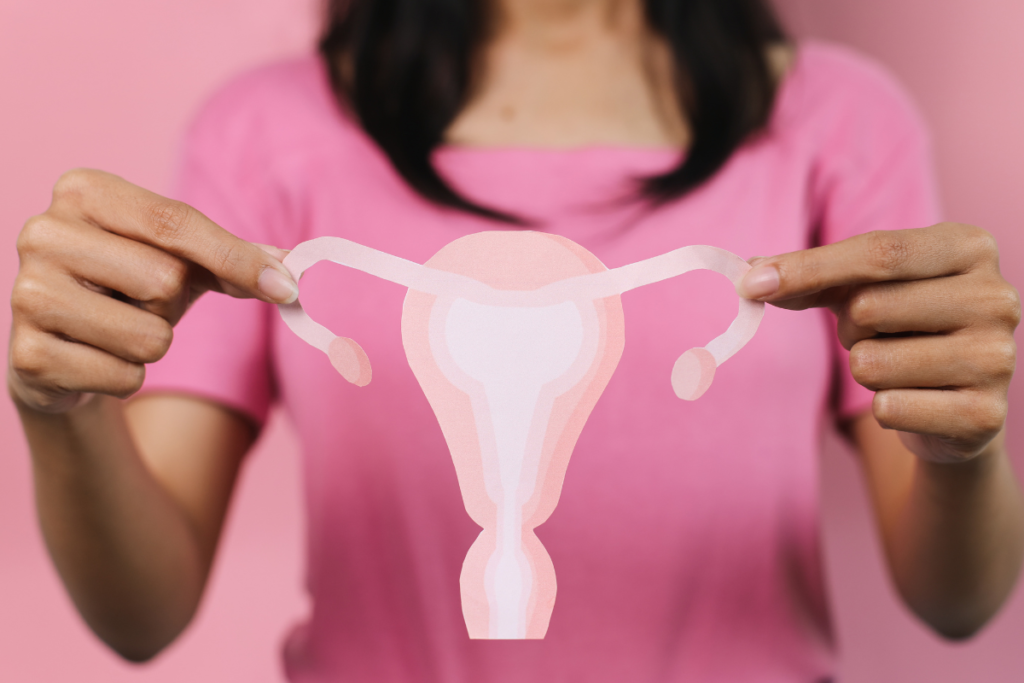 Woman holding an illustration of the uterus and ovaries representing PCOS and women's reproductive health