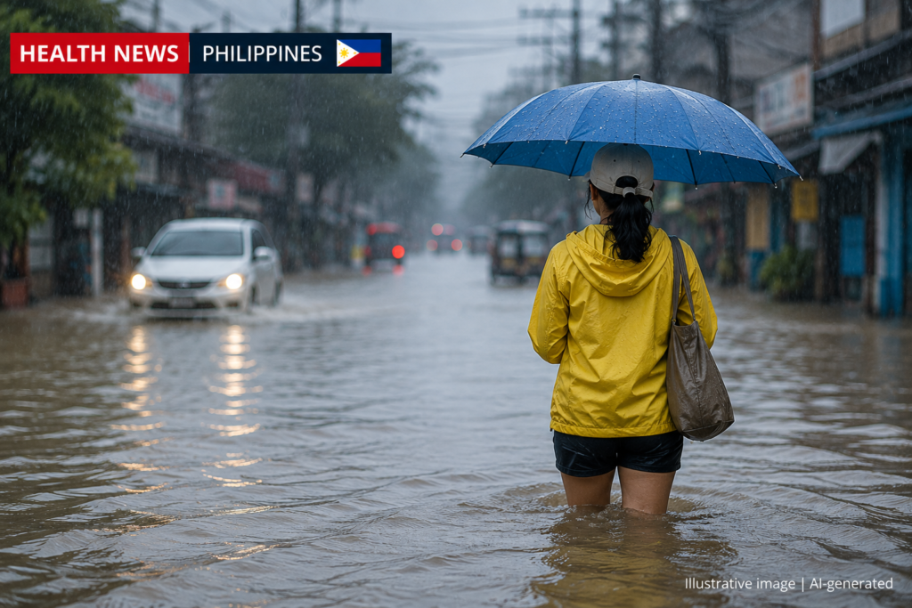 AI-generated illustration of a person walking through floodwater during heavy rain in the Philippines