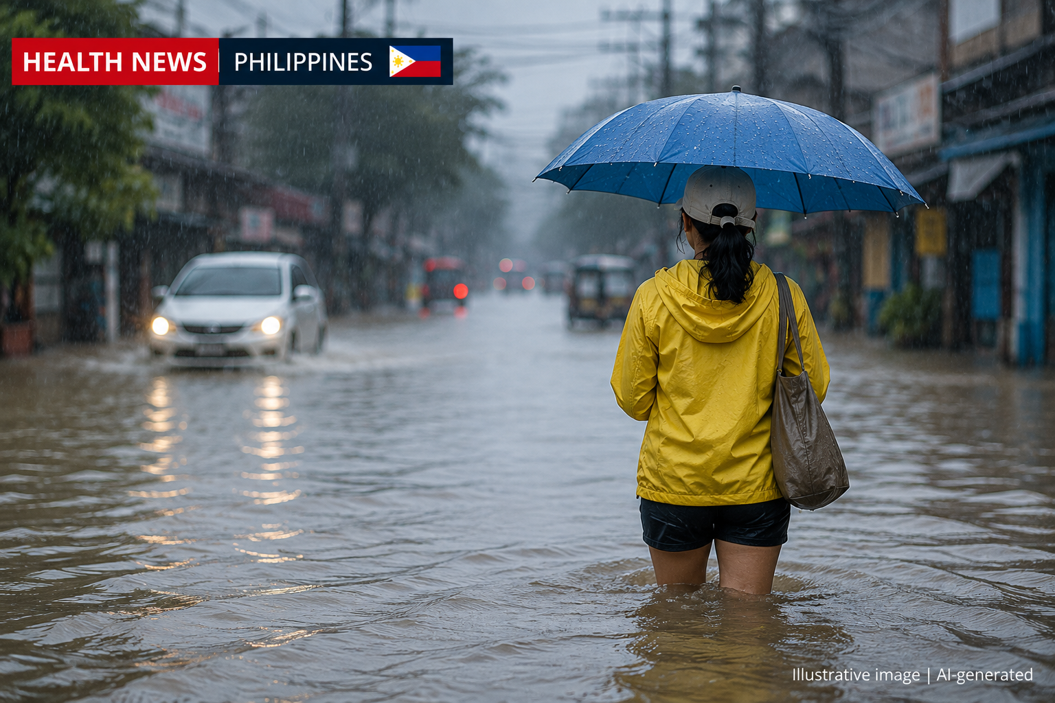 Illustrative flooded street in the Philippines highlighting leptospirosis risk following floodwater exposure