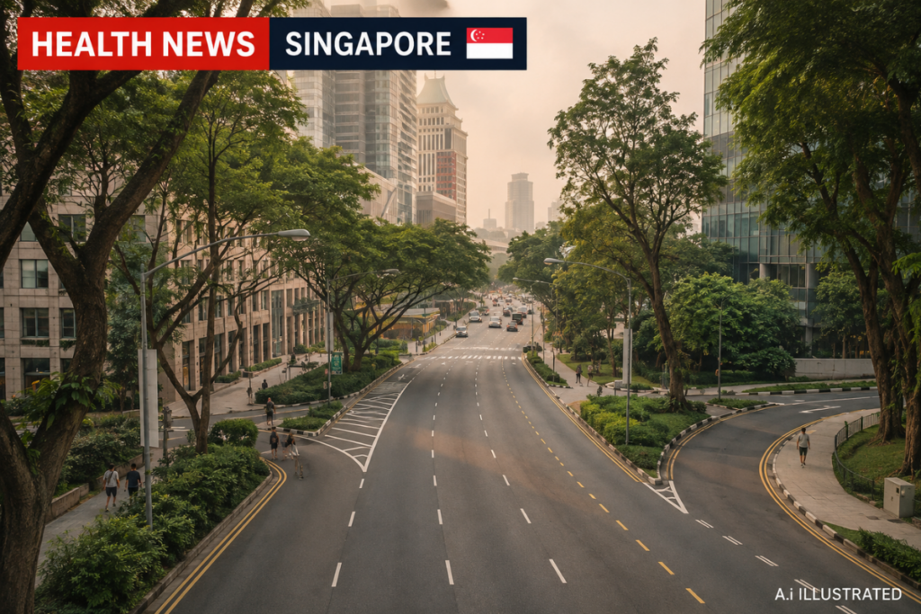AI illustration of a tree-lined Singapore road under hazy conditions, with light traffic and pedestrians along the sidewalks.