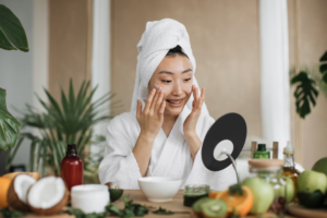 Woman caring for her skin as part of a healthy daily skincare routine