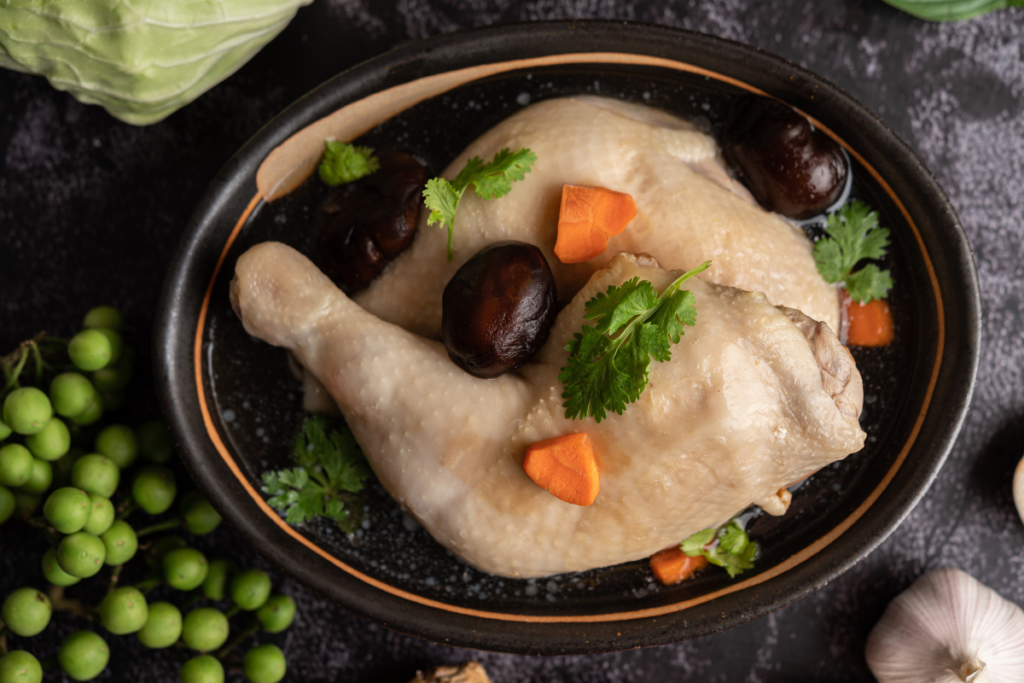 Steamed Chicken with Mushrooms, ginger and spring onion