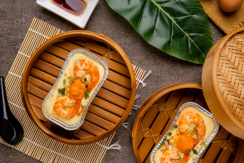 Steamed egg with shrimp and vegetables in a light savoury dish