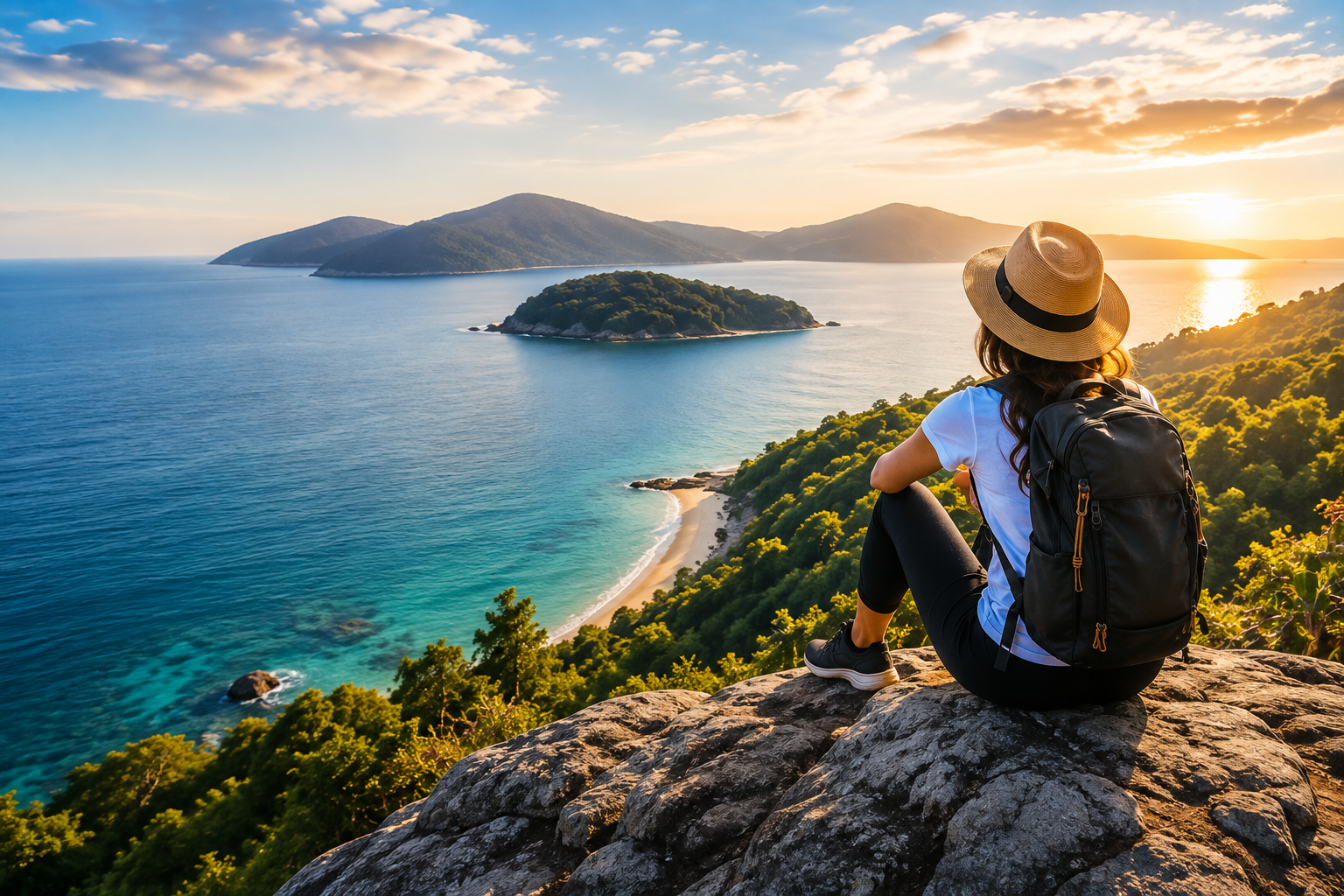 Traveller overlooking a peaceful coastal landscape at sunset