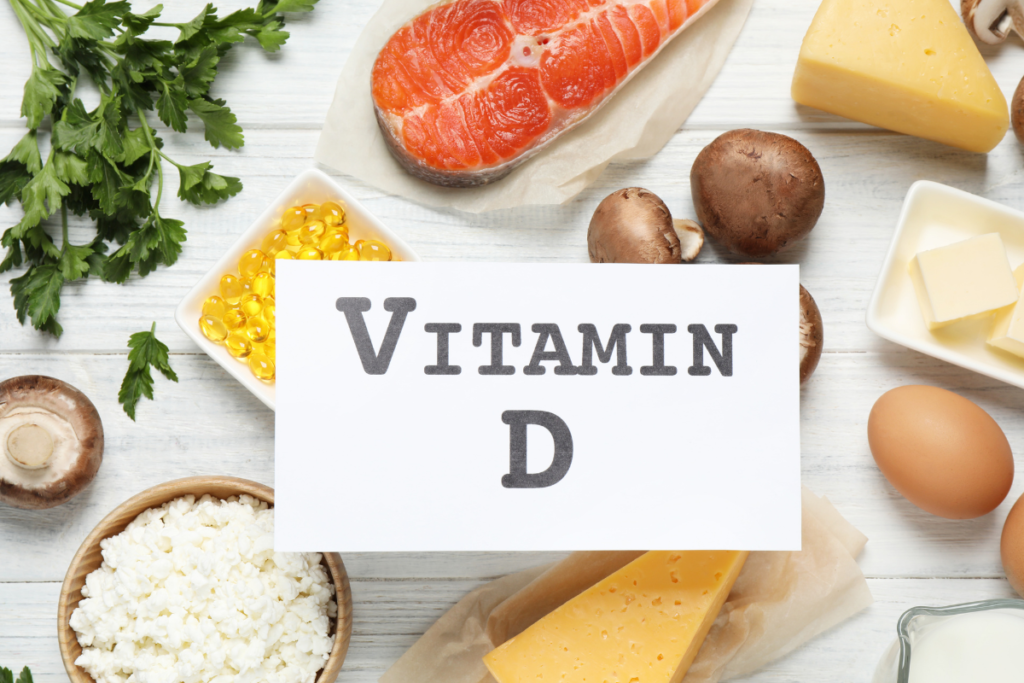 Vitamin D food sources including salmon, eggs, cheese, mushrooms and dairy products