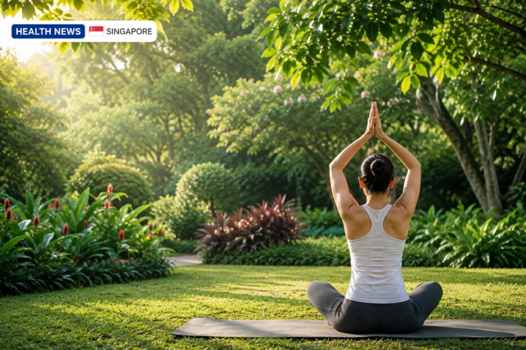 Woman practising yoga outdoors in a peaceful green garden setting in Singapore.
