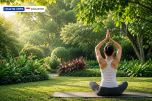 Woman practising yoga outdoors in a peaceful green garden setting in Singapore.