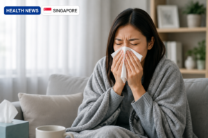 Woman with a tissue experiencing cold or flu symptoms as influenza activity rises in Singapore.