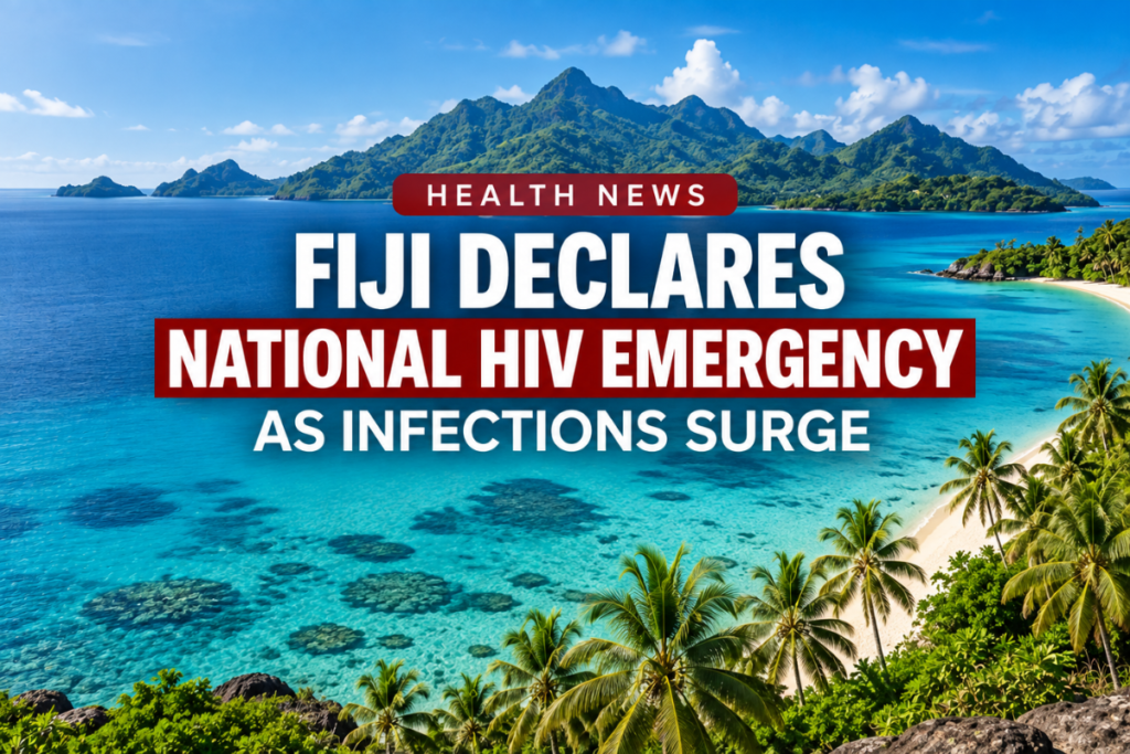 Fiji declares a national HIV emergency as infections surge, shown over a tropical Fiji island landscape.