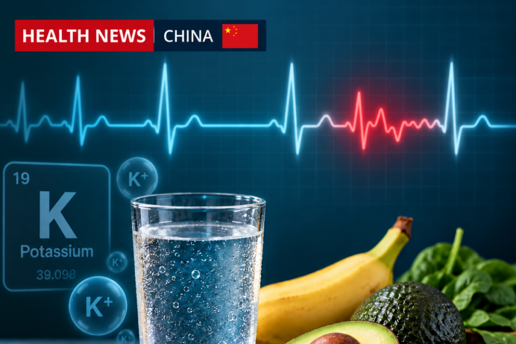 Potassium-rich foods, water and an ECG display illustrating low potassium and heart-rhythm risks