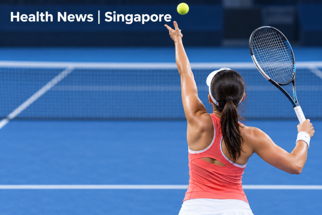 Female tennis player serving on an indoor hard court ahead of the Singapore Tennis Open 2026.