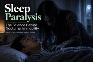Man experiencing sleep paralysis in bed with a frightening shadowy figure above him, illustrating hallucinations that can occur during sleep paralysis.