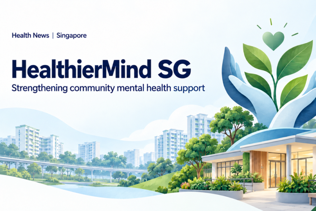 Illustration of hands supporting a plant and heart above a Singapore neighbourhood, representing community mental health support under HealthierMind SG.