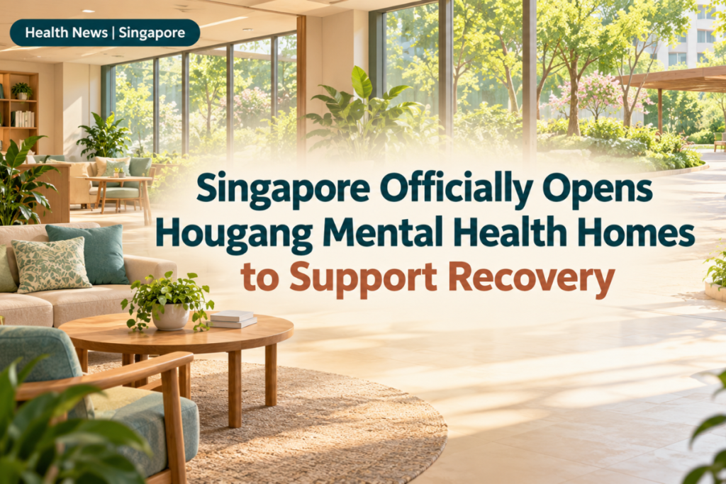 Conceptual care-home lounge and garden with a headline about Hougang mental health homes in Singapore.