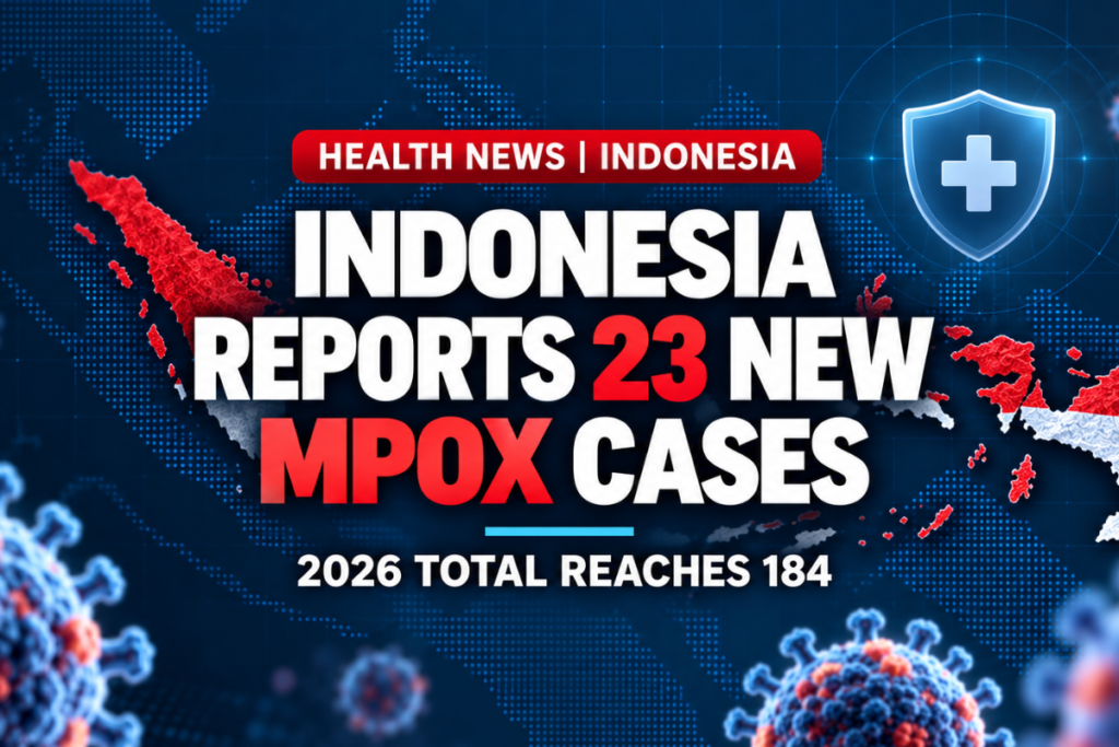 Indonesia mpox update graphic showing 23 newly confirmed cases and 184 reported cases in 2026.