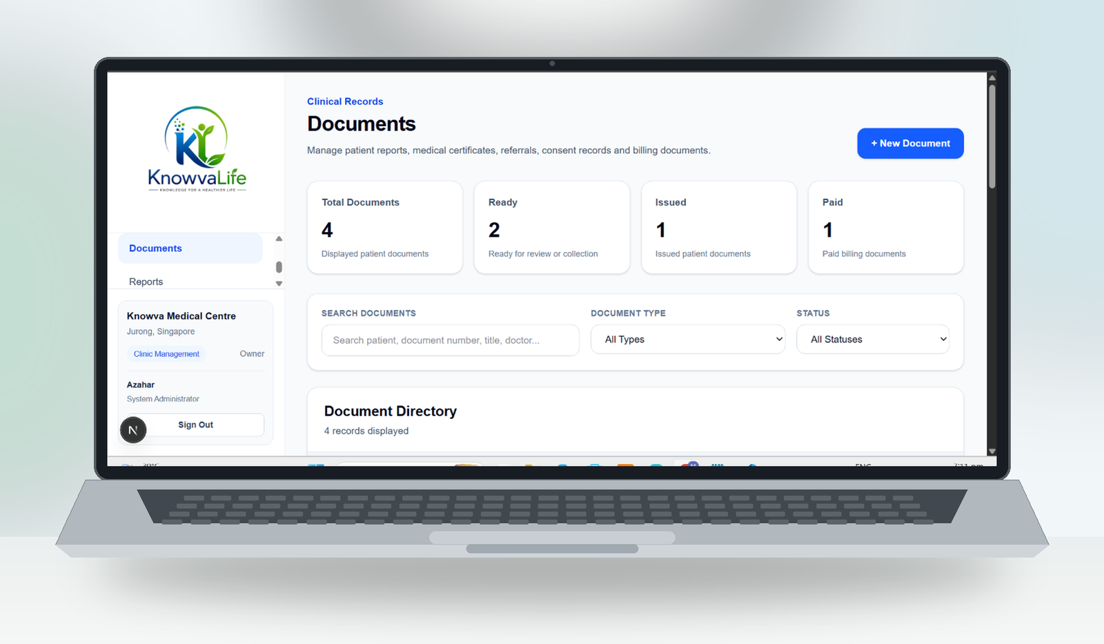 Illustrative KnowvaLife standalone business management software displayed on a laptop