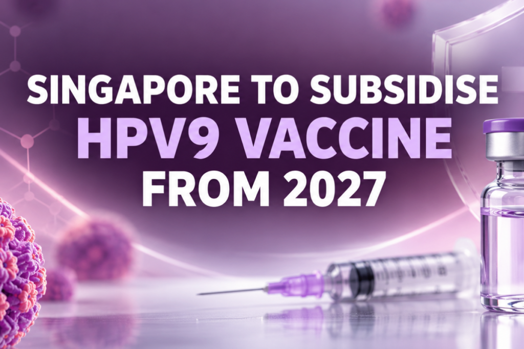 Purple medical illustration featuring an HPV9 vaccine vial, syringe and protective shield for Singapore’s HPV9 vaccine subsidy announcement.